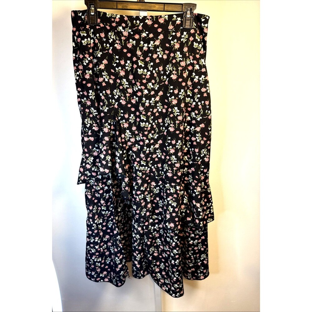 BTFBM Skirt Womens Black Floral Maxi Hi Low Tiered Ruffles Cottage Festival